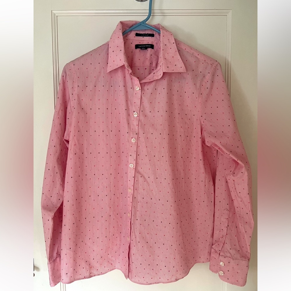 Lands' End Woman’s Pink Embroidered Dot Print Button-Down Shirt 12P